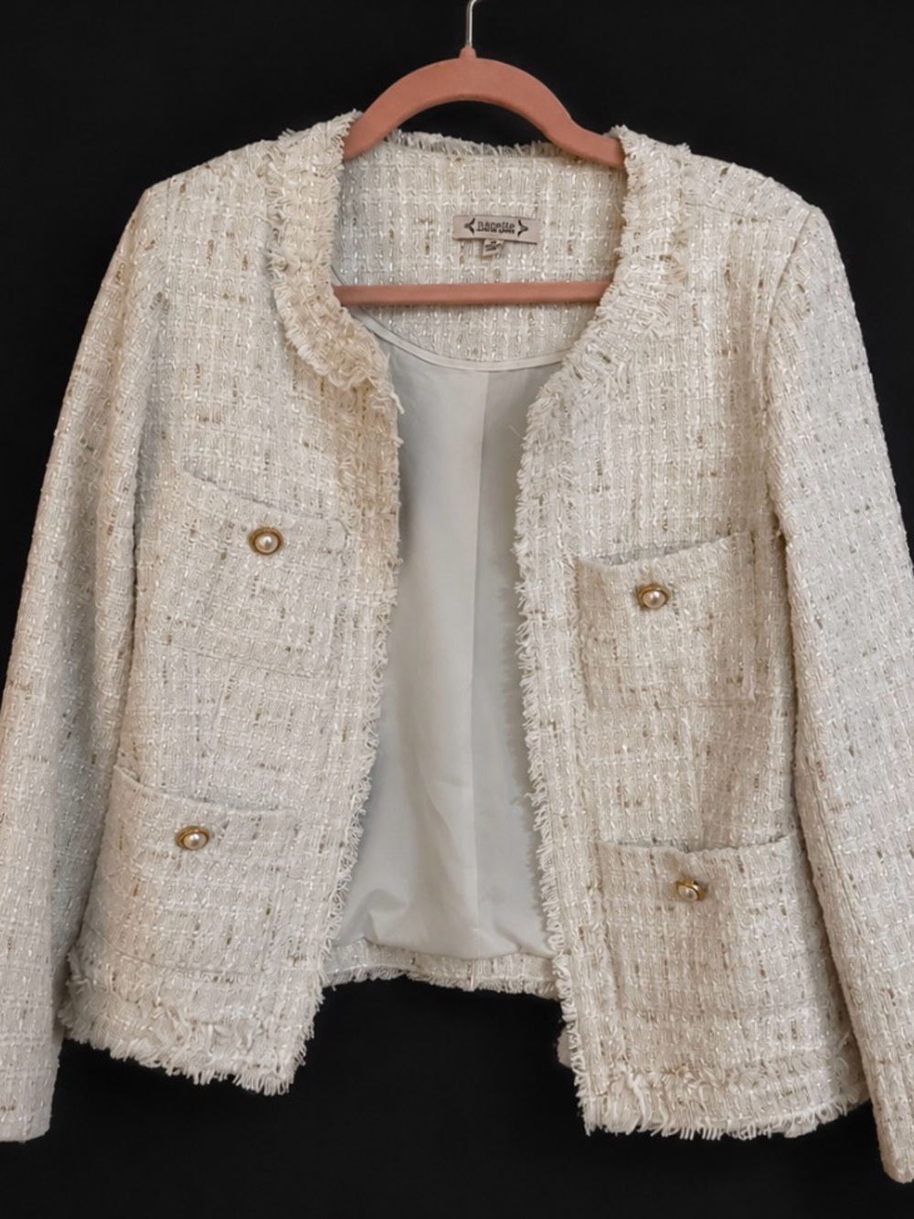 Nanette Lepore Ivory Tweed Fringe Jacket with Pearl Buttons